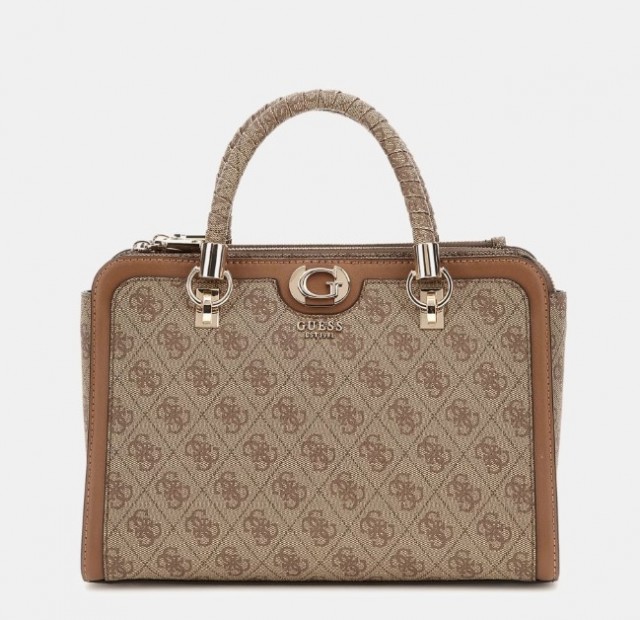 Guess Orlina Logo Society Satchel, Latte Logo/Brown